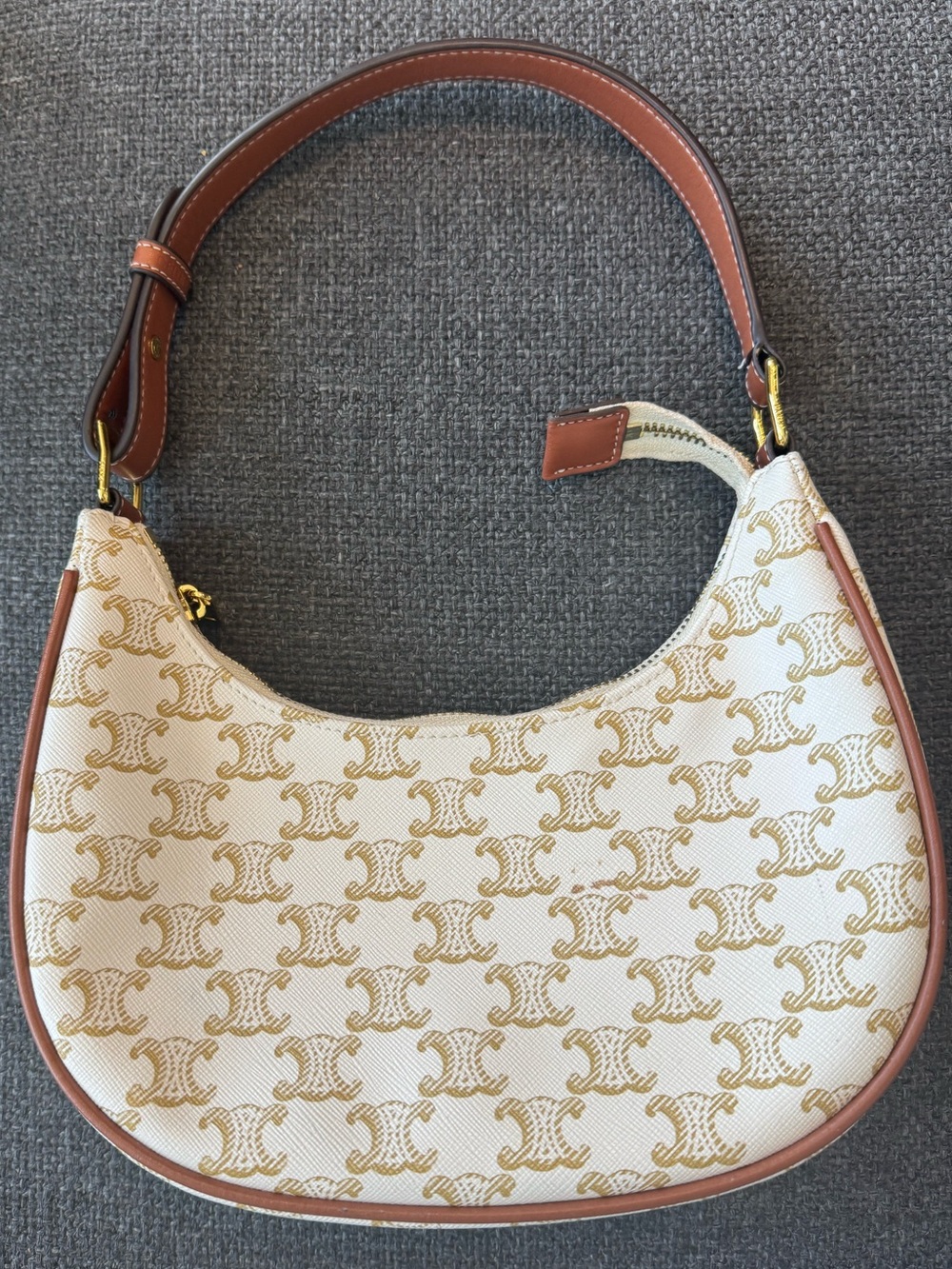 Cream & Brown Patterned Crescent Shoulder Bag
